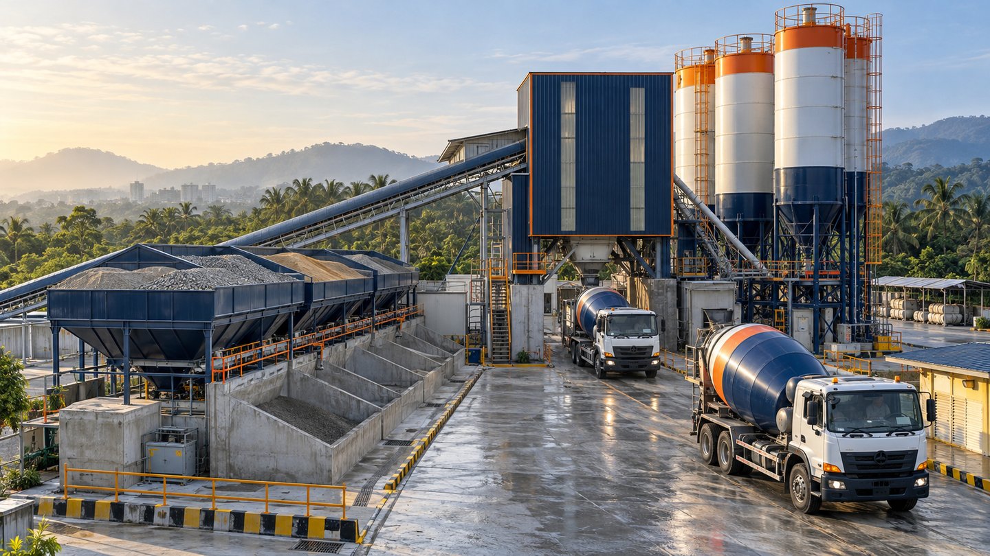 Illustrative ready-mixed concrete plant with cement silos, aggregate storage and mixer trucks.
