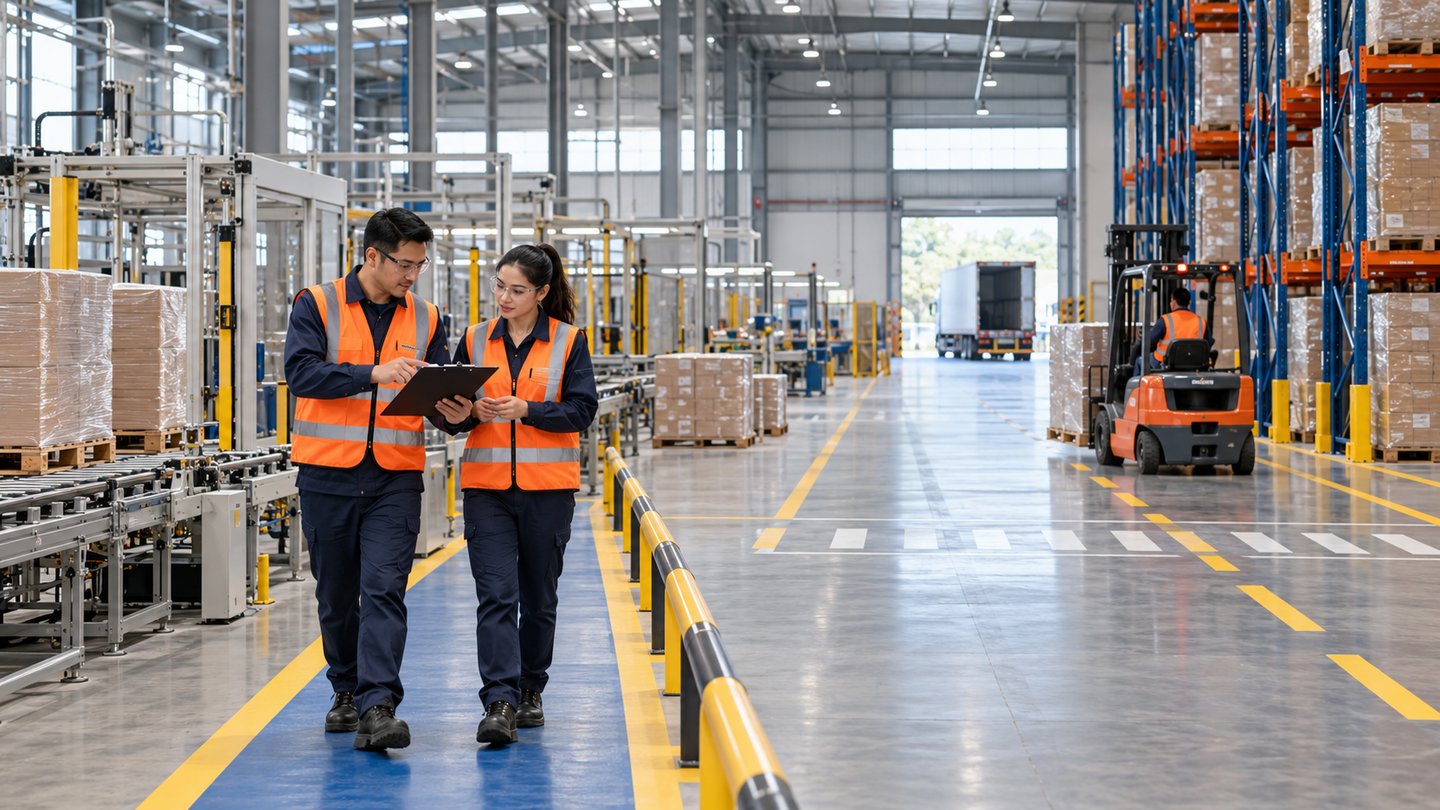 Illustrative manufacturing and logistics facility with segregated pedestrian and forklift routes.