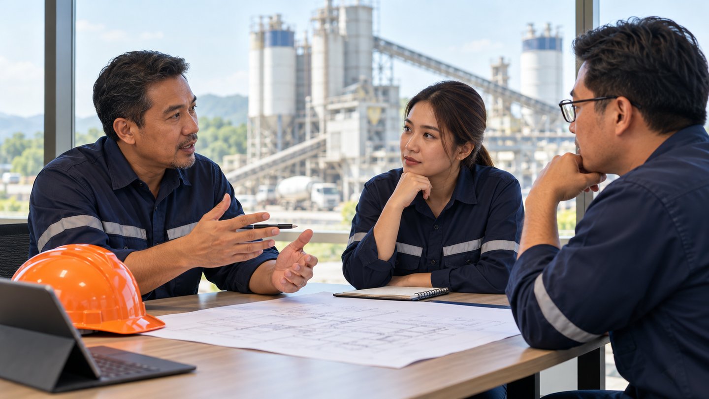 Illustrative discussion of operational challenges in a plant meeting room.
