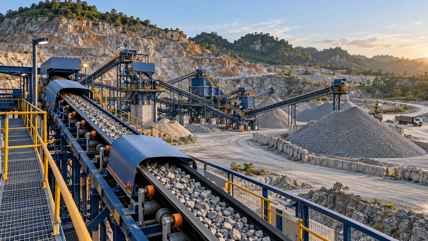 Illustrative quarry processing plant with aggregate conveyors, stockpiles and protected access.
