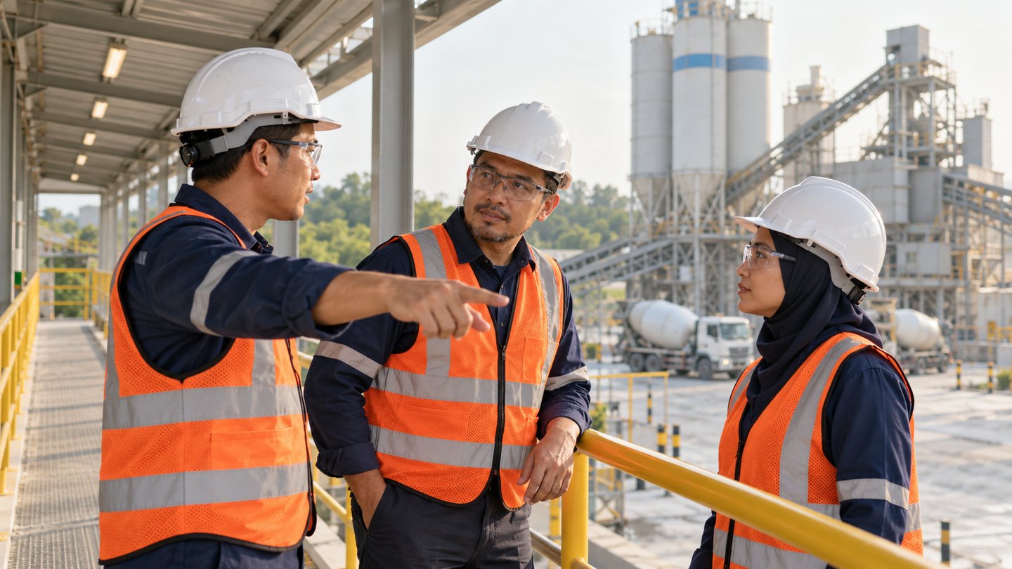Illustrative field conversation between a leader and frontline operators on a protected plant walkway.